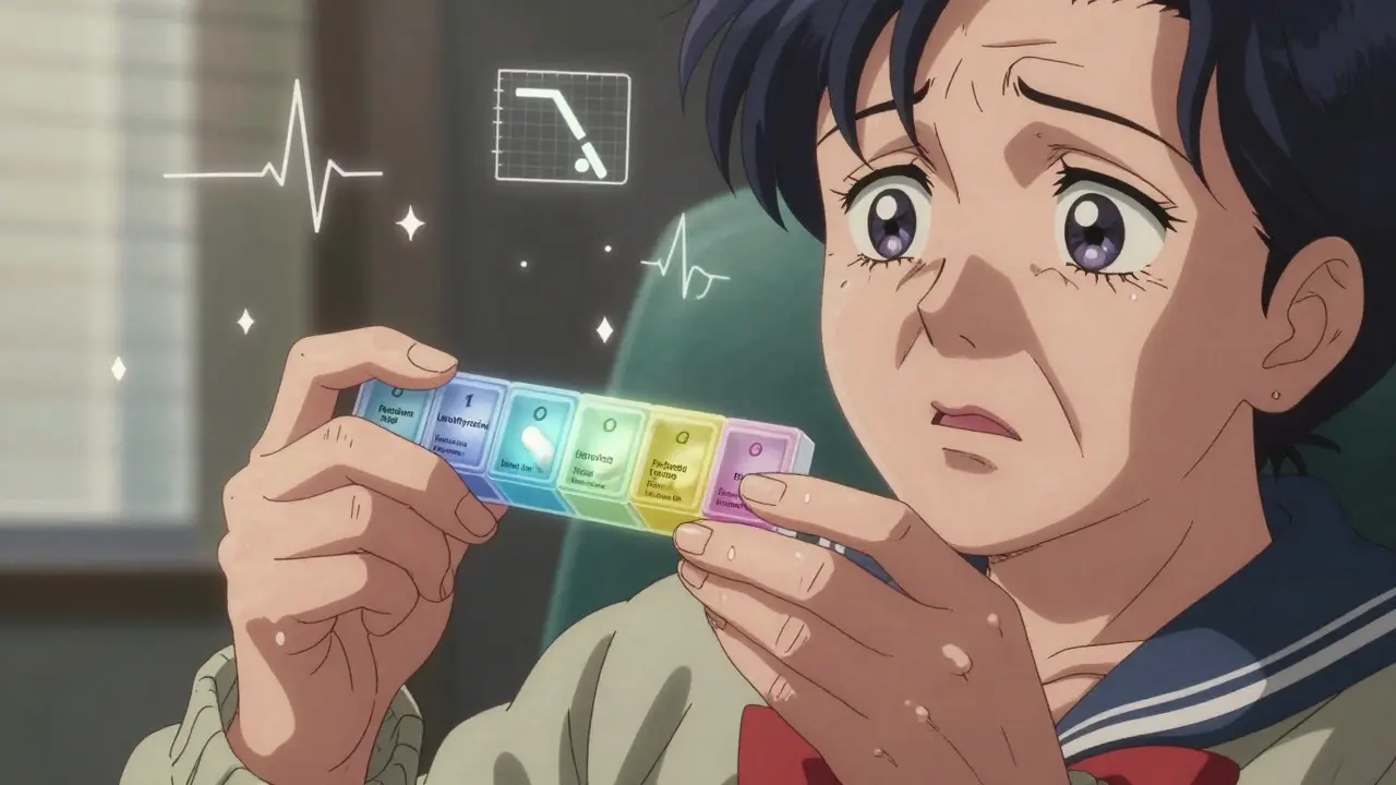 Aging hand holding a pill organizer, one pill shifting between brand and generic forms with medical icons floating nearby.