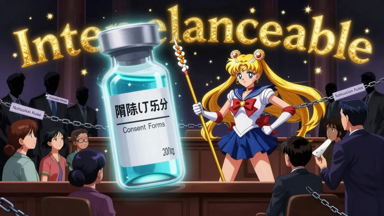 Biosimilar vial as a hero defeating legal barriers, with patients standing strong against consent and notification chains.