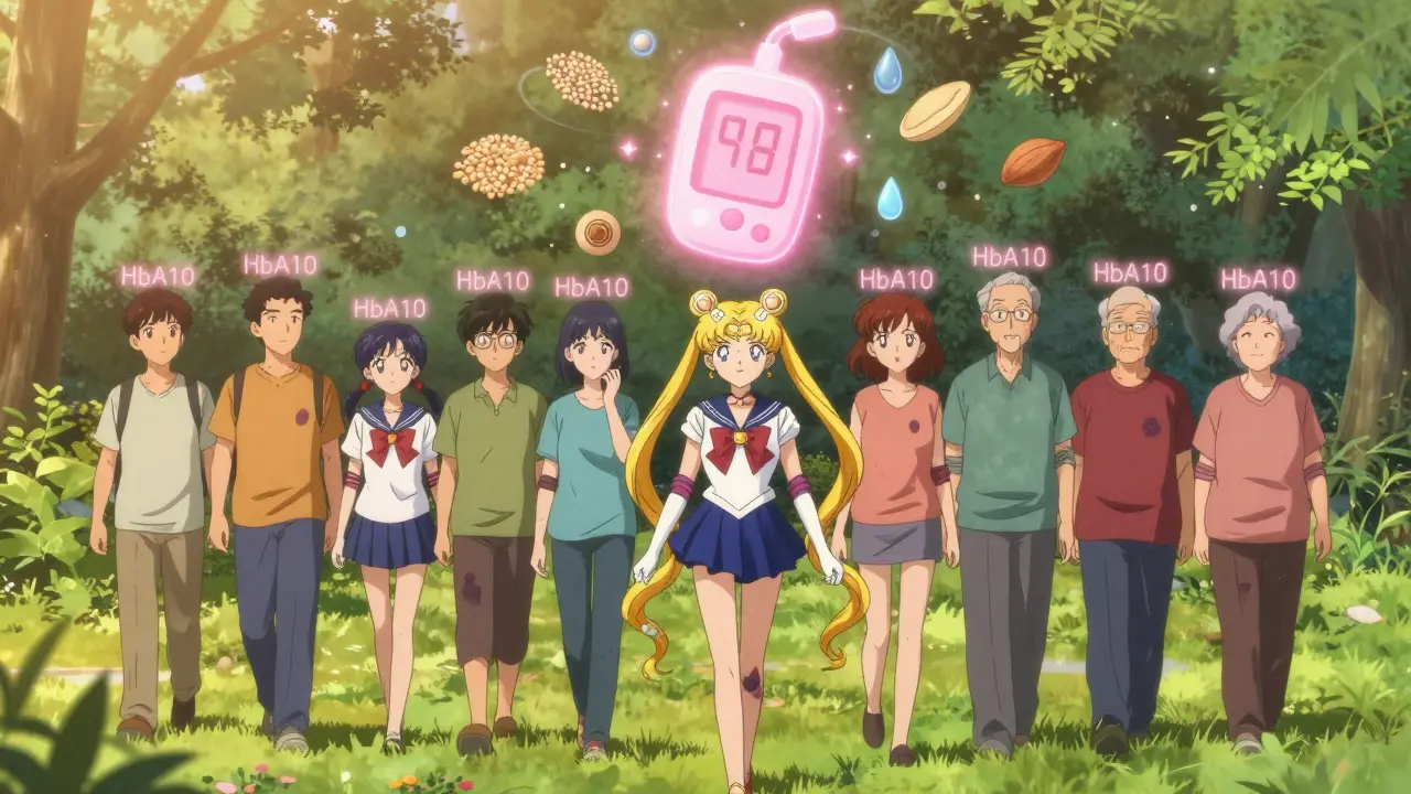 Diverse people walking in a park, glowing HbA1c numbers above their heads, with healthy foods floating around them.