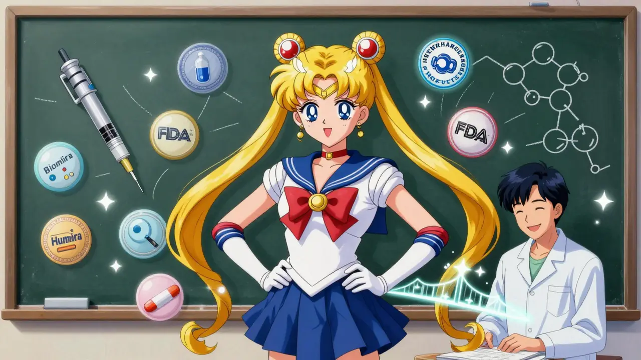 Pharmacist explains biosimilar science at a chalkboard with floating drug icons and glowing bridge.