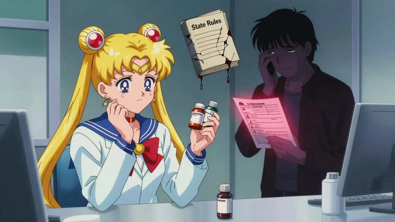 Pharmacist hesitating between brand and generic pills with a red consent form floating nearby, representing permissive substitution rules.