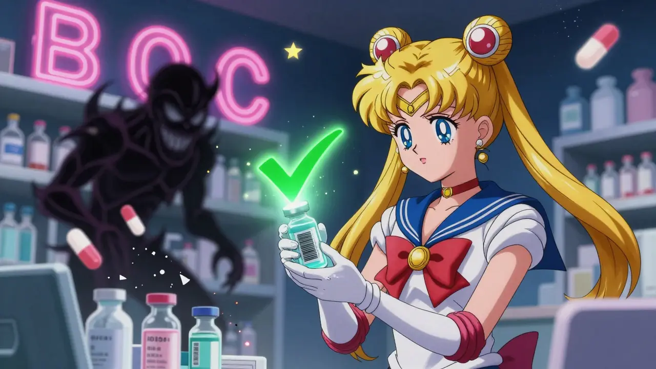 Pharmacist scanning a barcode as a glowing checkmark defeats shadowy error demons with drug labels.