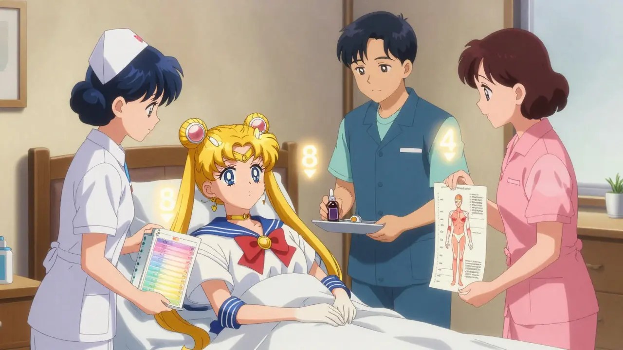 A compassionate care team surrounds a patient's bedside, glowing with soft colors, using tools like a pain scale and lavender oil to bring comfort.