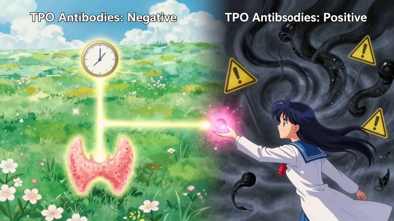 A glowing thyroid with two paths showing antibody outcomes in magical anime style.