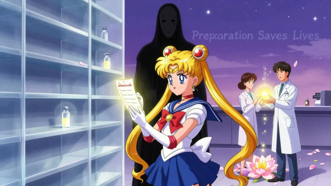 A patient holds a glowing medication list before an empty pharmacy shelf, while caregivers offer hope with radiant light.