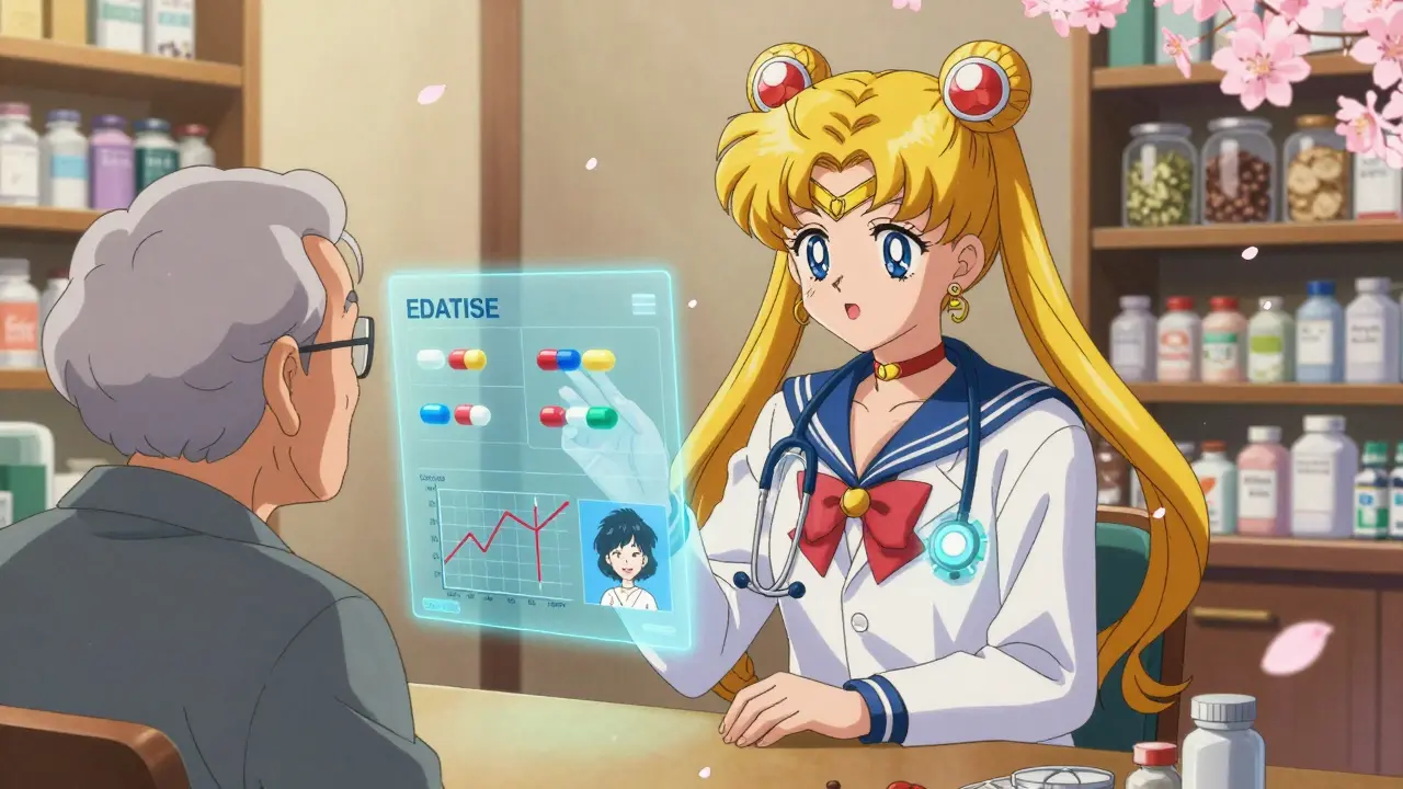 A pharmacist explains generics to an elderly patient using a hologram of FDA testing in a cozy pharmacy.