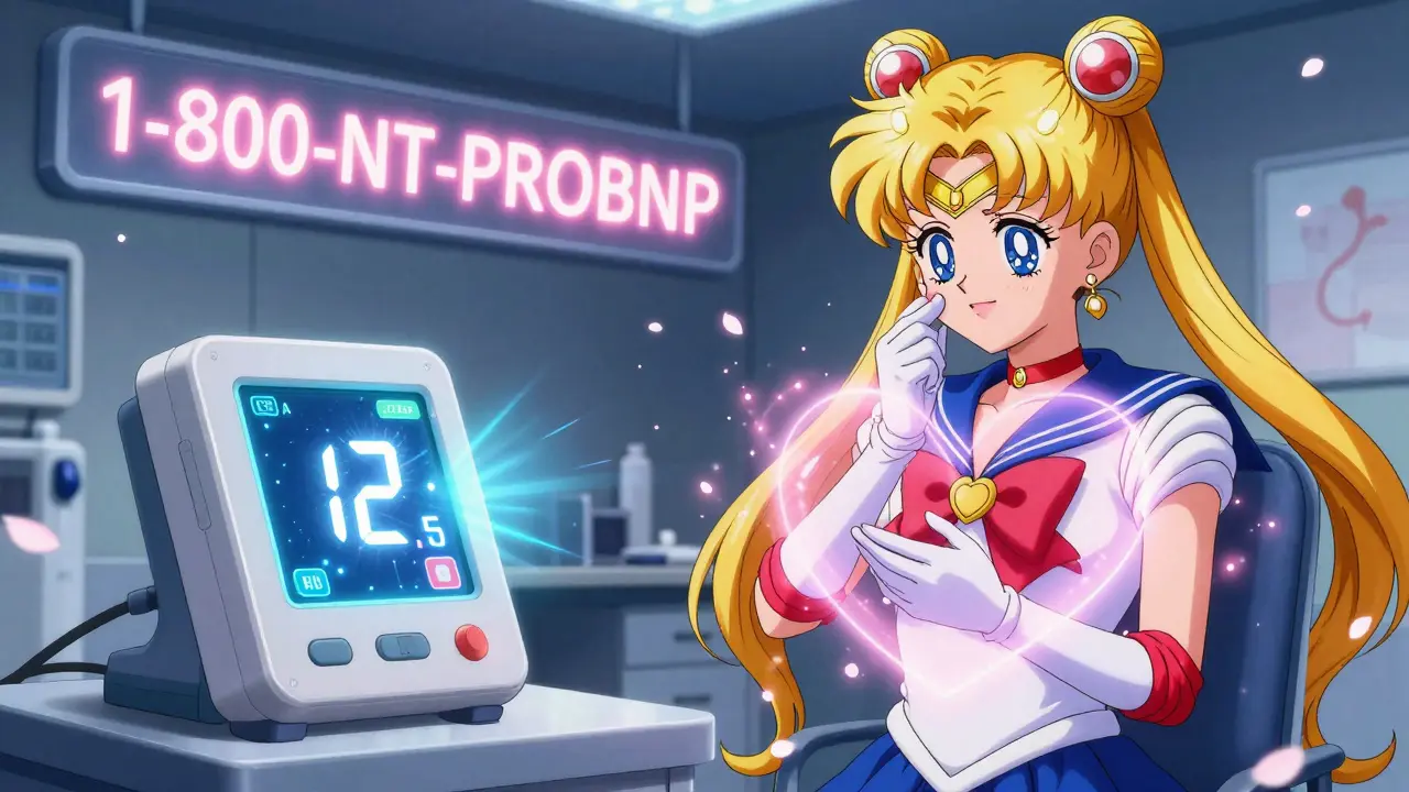 A point-of-care device displays a 12-minute countdown in sparkling digits as a patient's heart glows with reassurance in an ER.