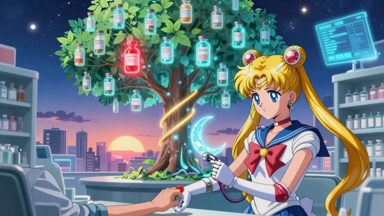 A robotic nurse and patient under a holographic tree of medications, with an AI-flagged interaction glowing red and a digital health record above.