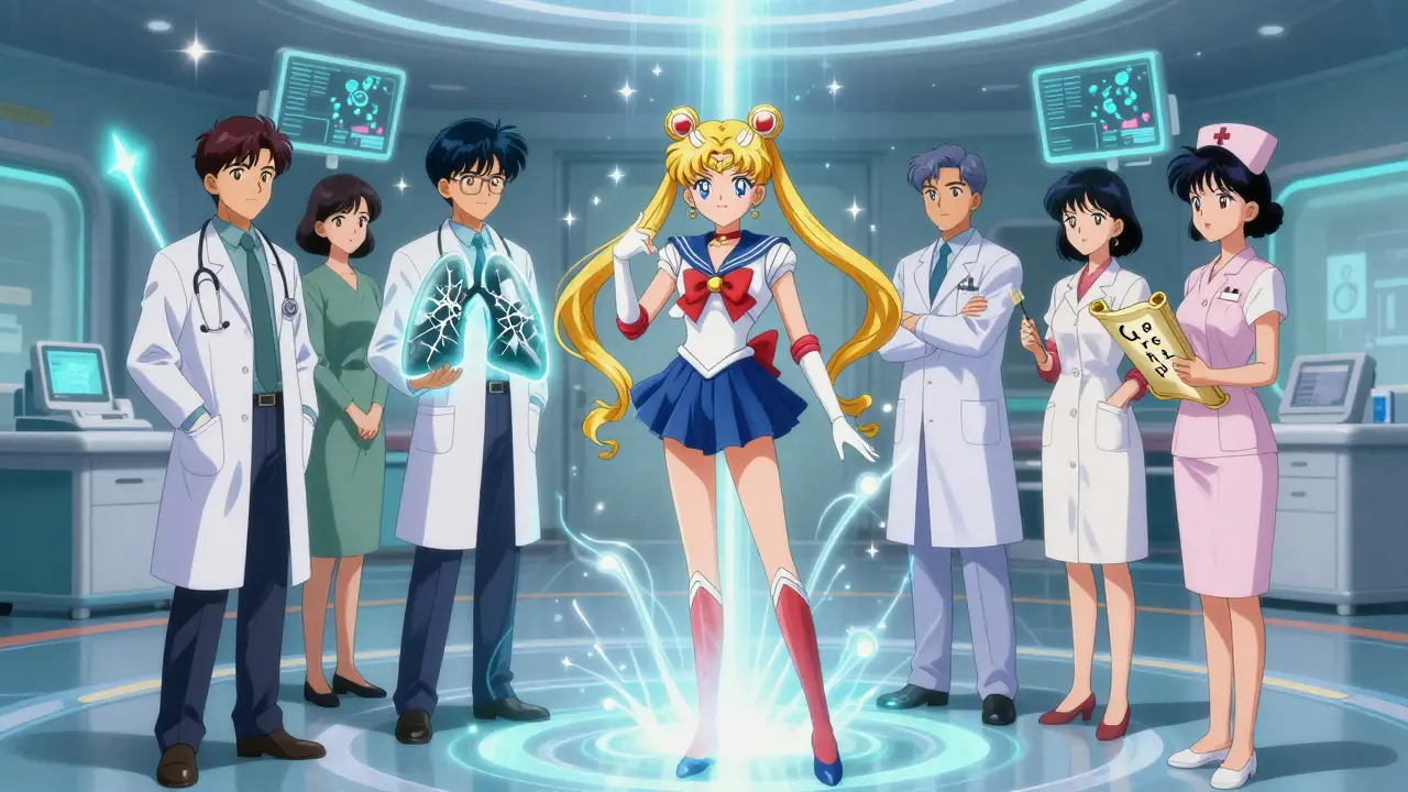 A team of stylized medical specialists uniting their energy to stabilize a patient's overlapping autoimmune symptoms in a healing circle.