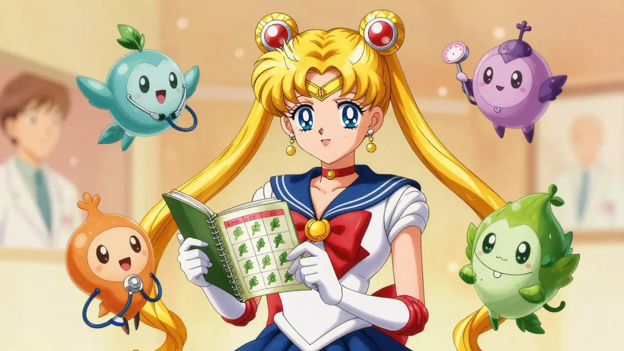 A woman tracking her food diary as celestial guardians guide her consistent diet routine for warfarin safety.