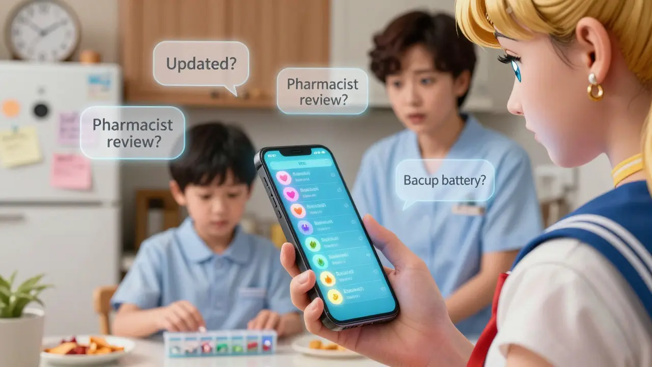 A woman viewing a holographic medication list on her phone, with a caregiver checking her pill organizer in a warm kitchen setting.