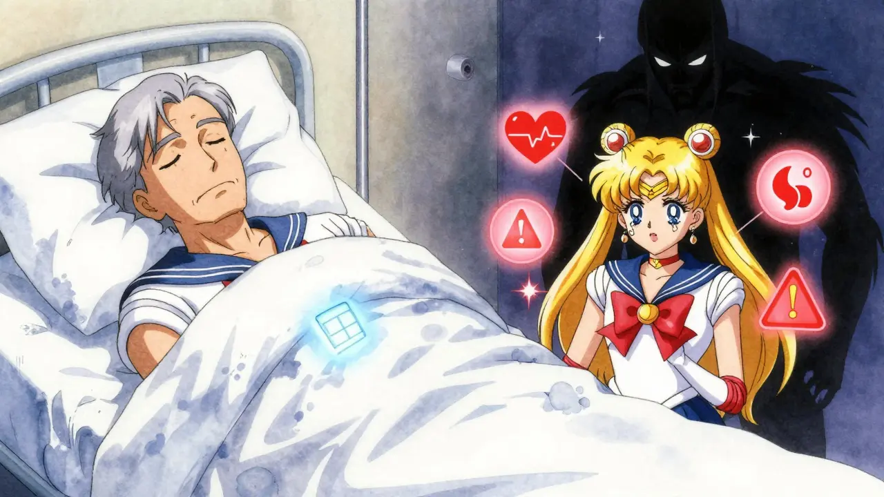 An elderly man sleeping peacefully while his younger self faces a threatening TSH meter.