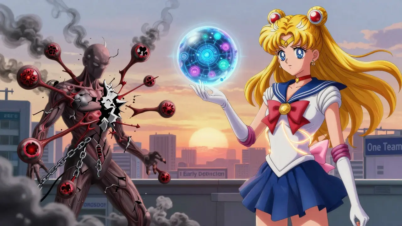 Before-and-after scene: chaotic disease symbols transform into a single glowing ribbon of health, guided by a futuristic AI orb.