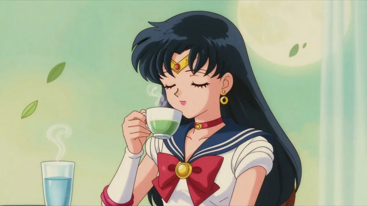 Calm girl drinking green tea and water instead of energy drinks.