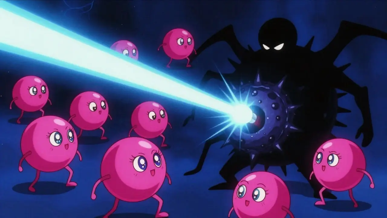Cute white blood cell characters protecting body from shadowy drug molecules in magical anime style