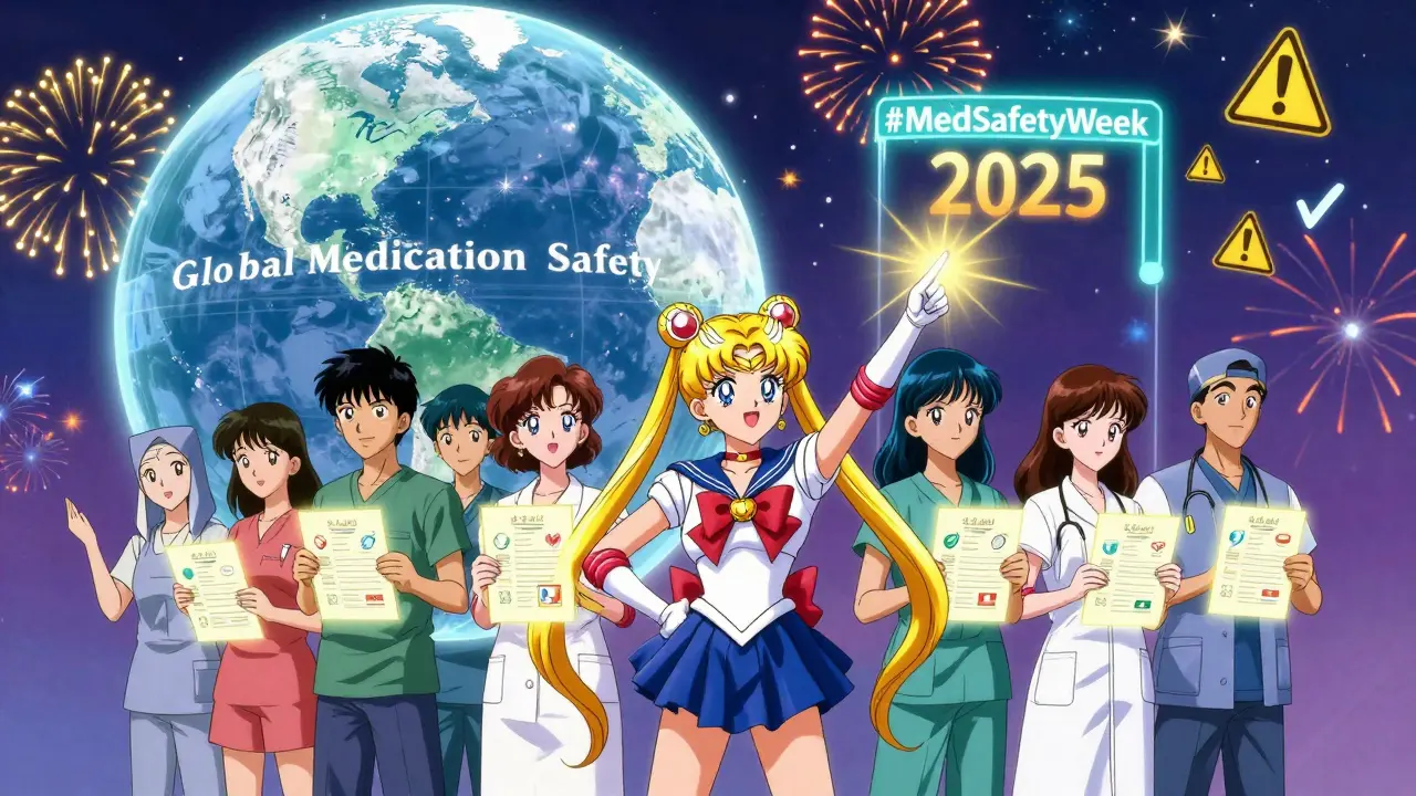 Diverse group of people united under a global globe with #MedSafetyWeek 2025 glowing above them.