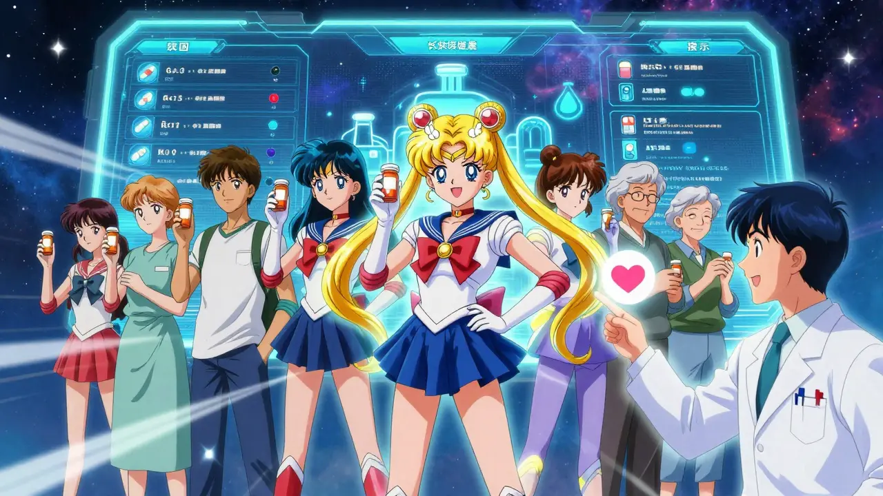 Diverse patients stand united under a screen showing blockchain-tracked pill origins, glowing with trust and energy.