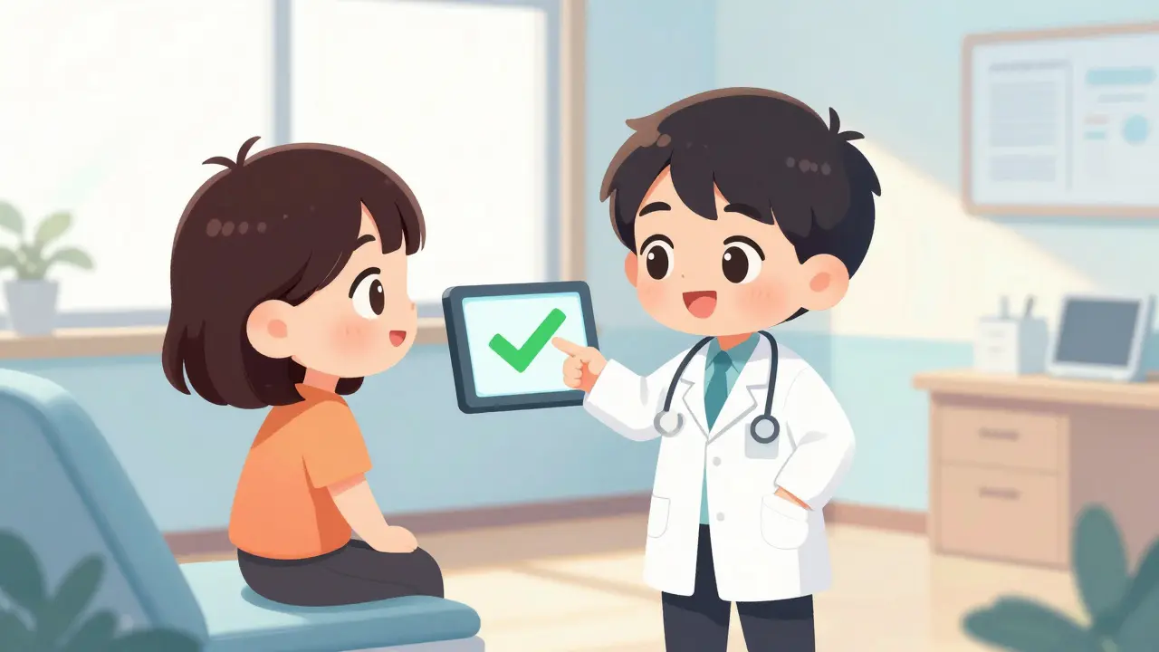 Happy doctor showing cleared allergy status to patient in sunlit exam room anime illustration