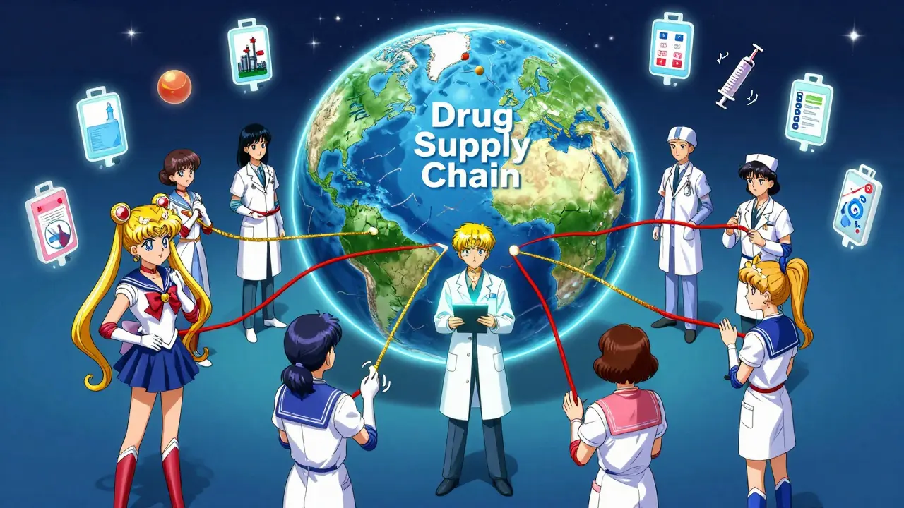 Healthcare workers repair a broken global drug supply chain with glowing energy, surrounded by floating medical icons.