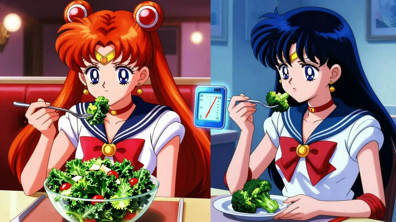 Split scene showing risky high-vitamin K salad vs. balanced portion, with an INR meter indicating stability.