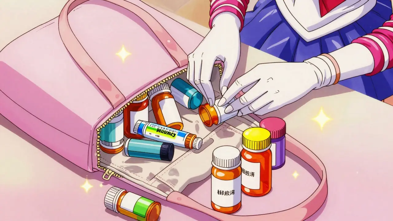 A bag of various medicine bottles and supplements in anime style.