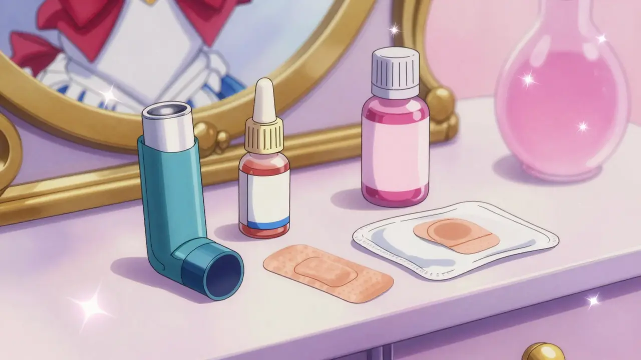 A collection of inhalers and eye drops on a vanity in a shimmering anime style.
