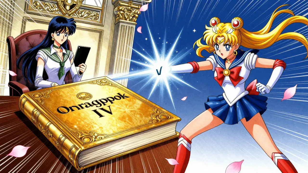 A dramatic anime legal battle featuring the Orange Book and an energy attack.