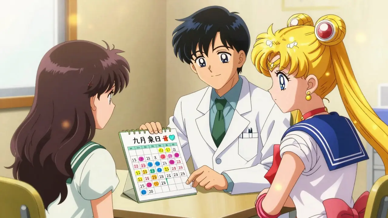 A patient and doctor reviewing a medication schedule in a bright anime scene.