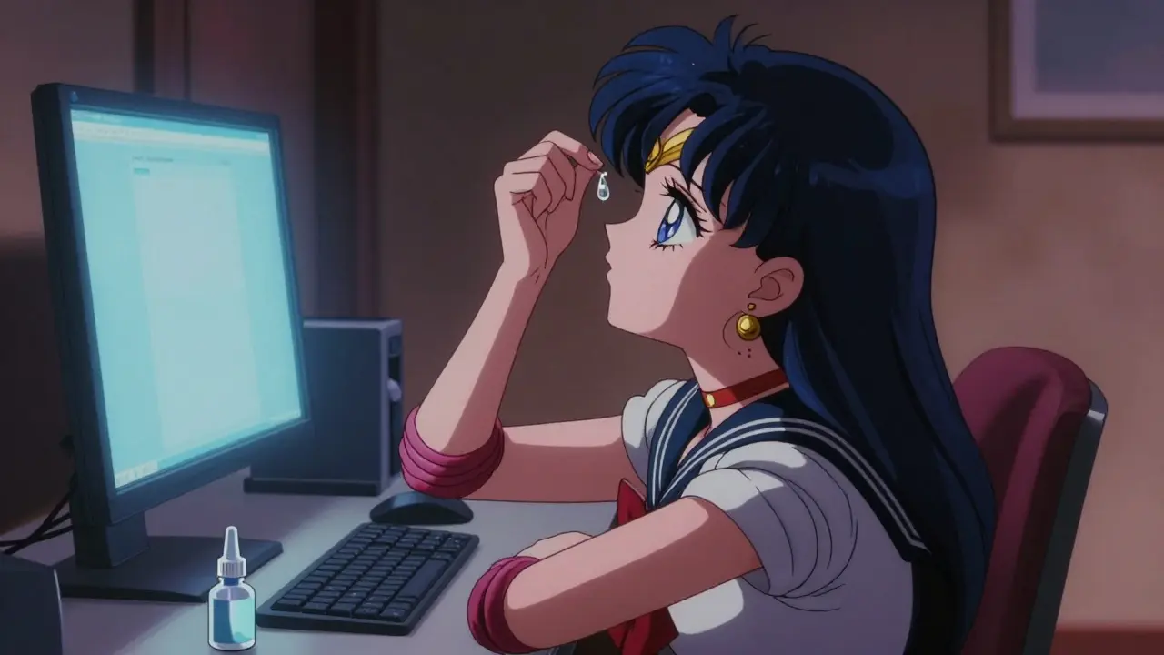 Anime character applying a drop of artificial tears while sitting at a computer desk.
