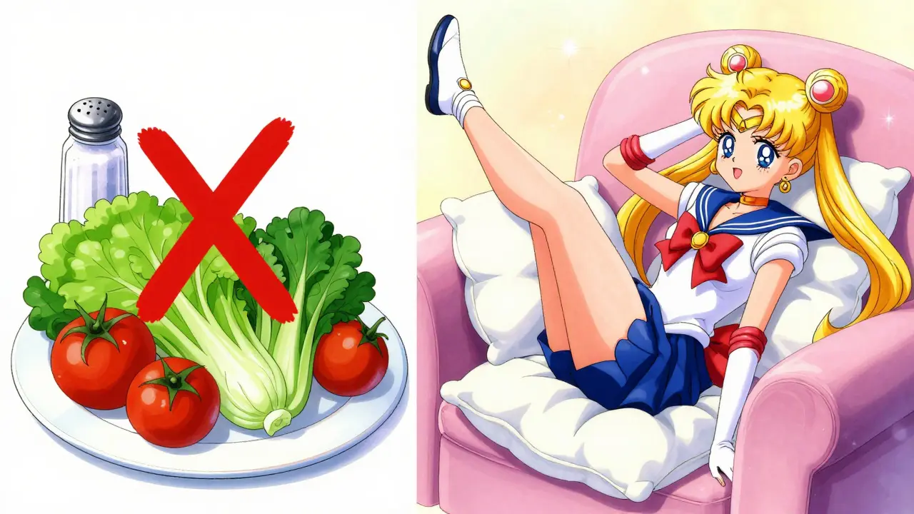 Anime character eating low-salt food and elevating her legs on pillows