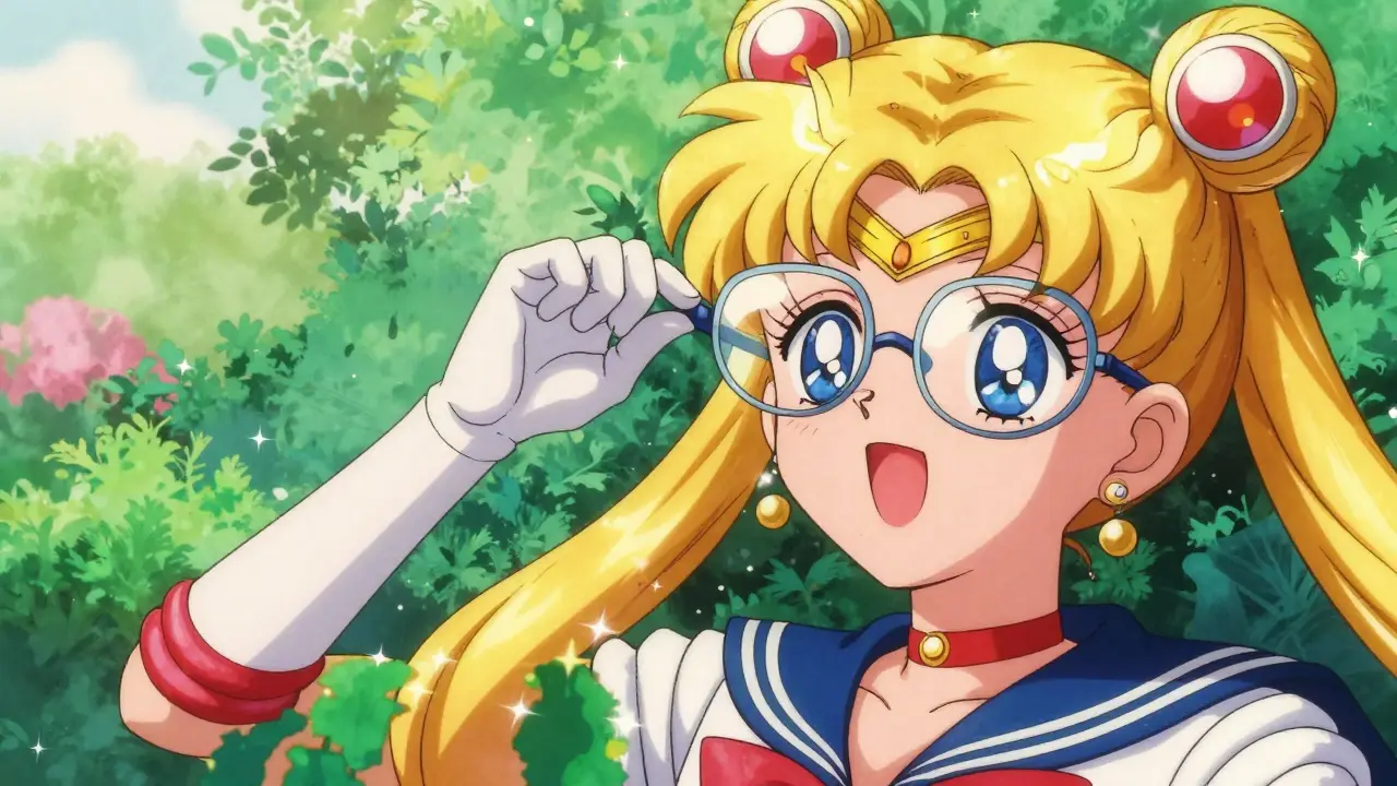 Anime character experiencing vibrant red and green colors through special glasses.