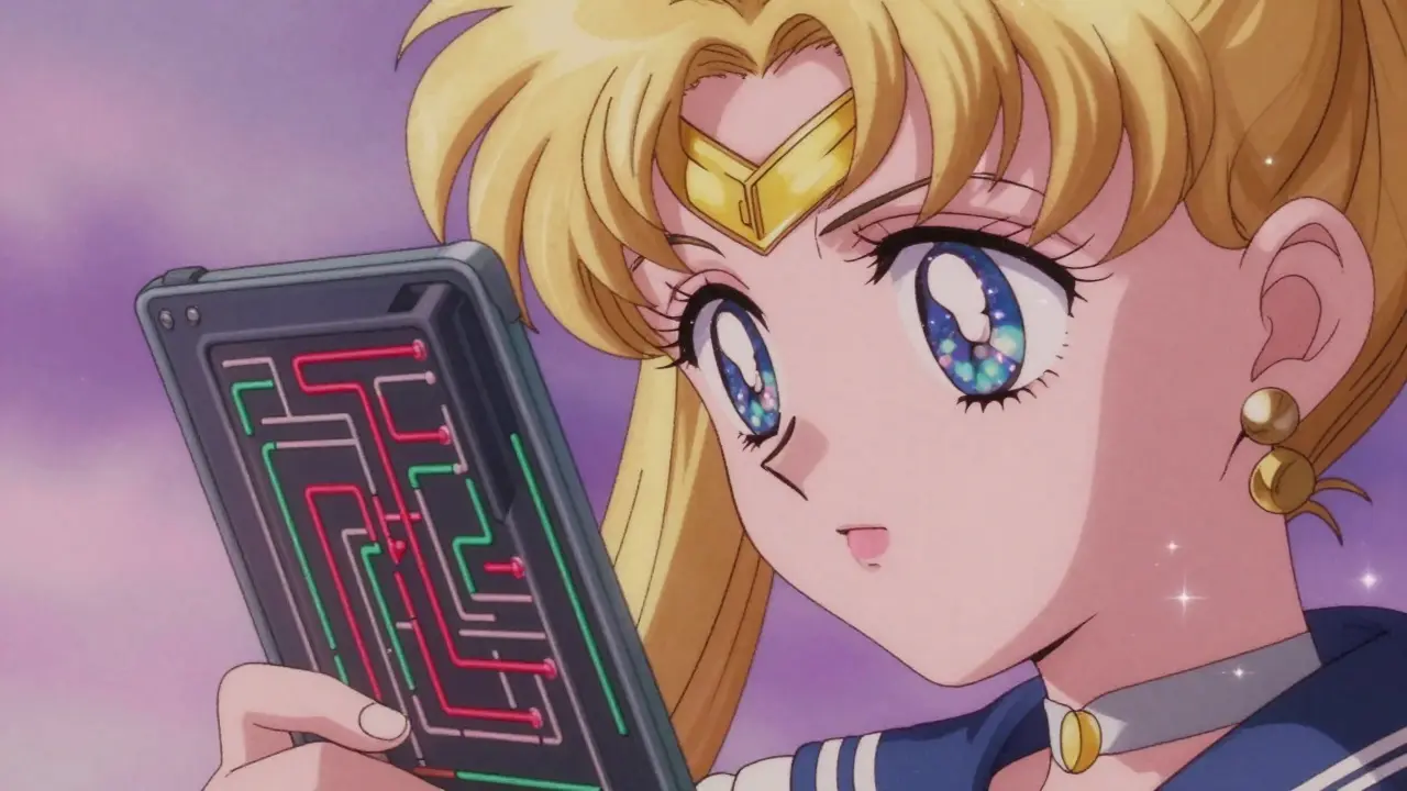 Anime close-up of a character viewing a digital interface with muted colors.