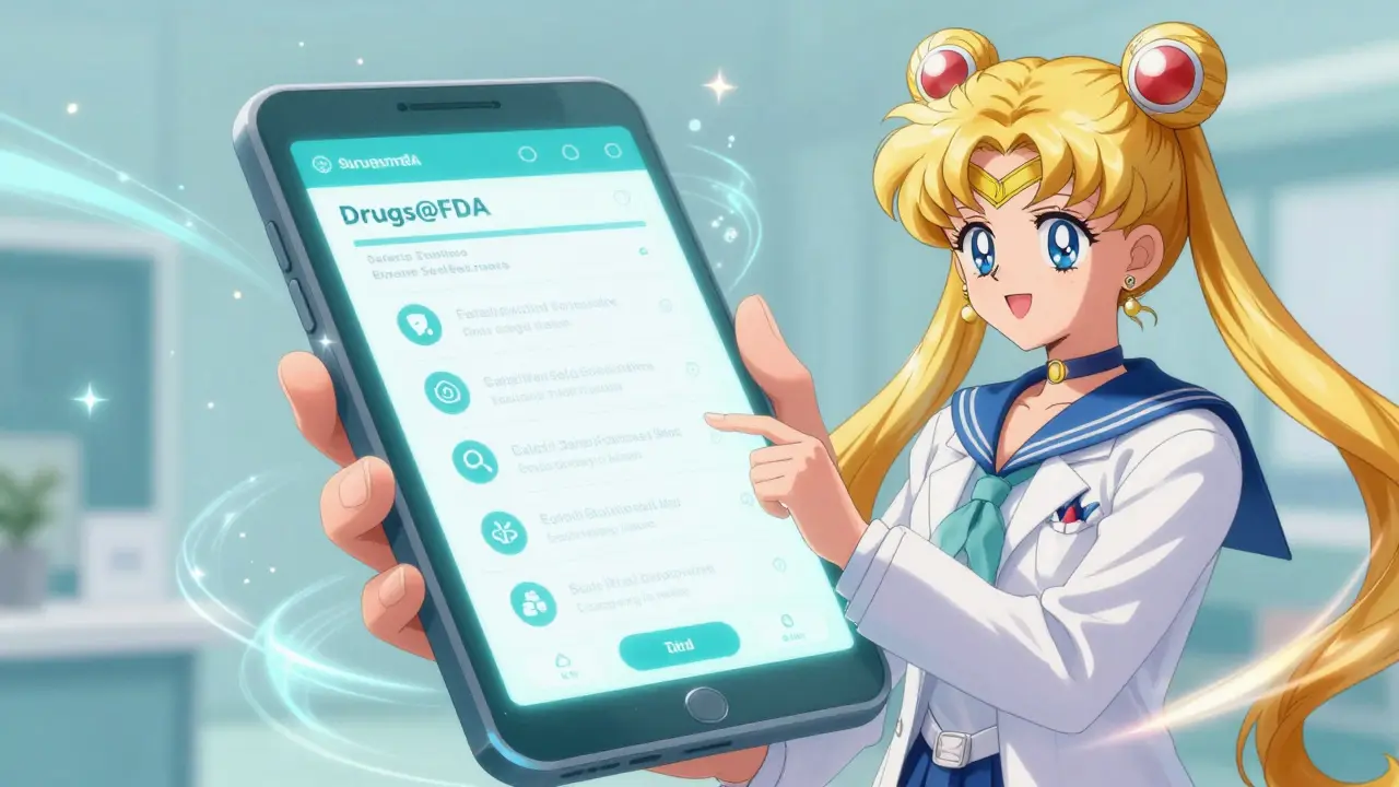 Anime doctor using a glowing digital device to access a modern drug database