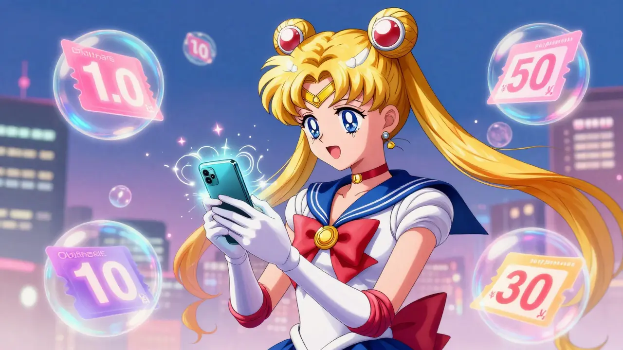 Anime girl using a glowing smartphone to find discounted medication online.