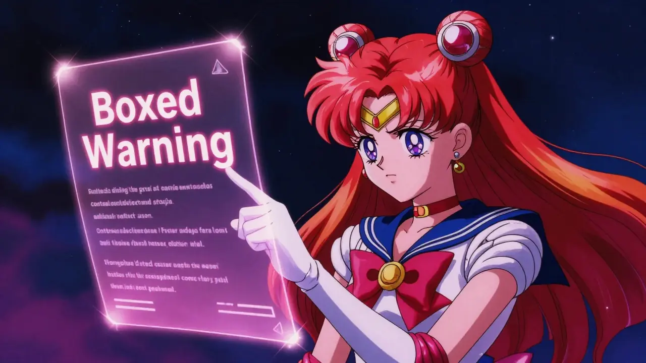 Anime healthcare provider highlighting a glowing red warning on a holographic document