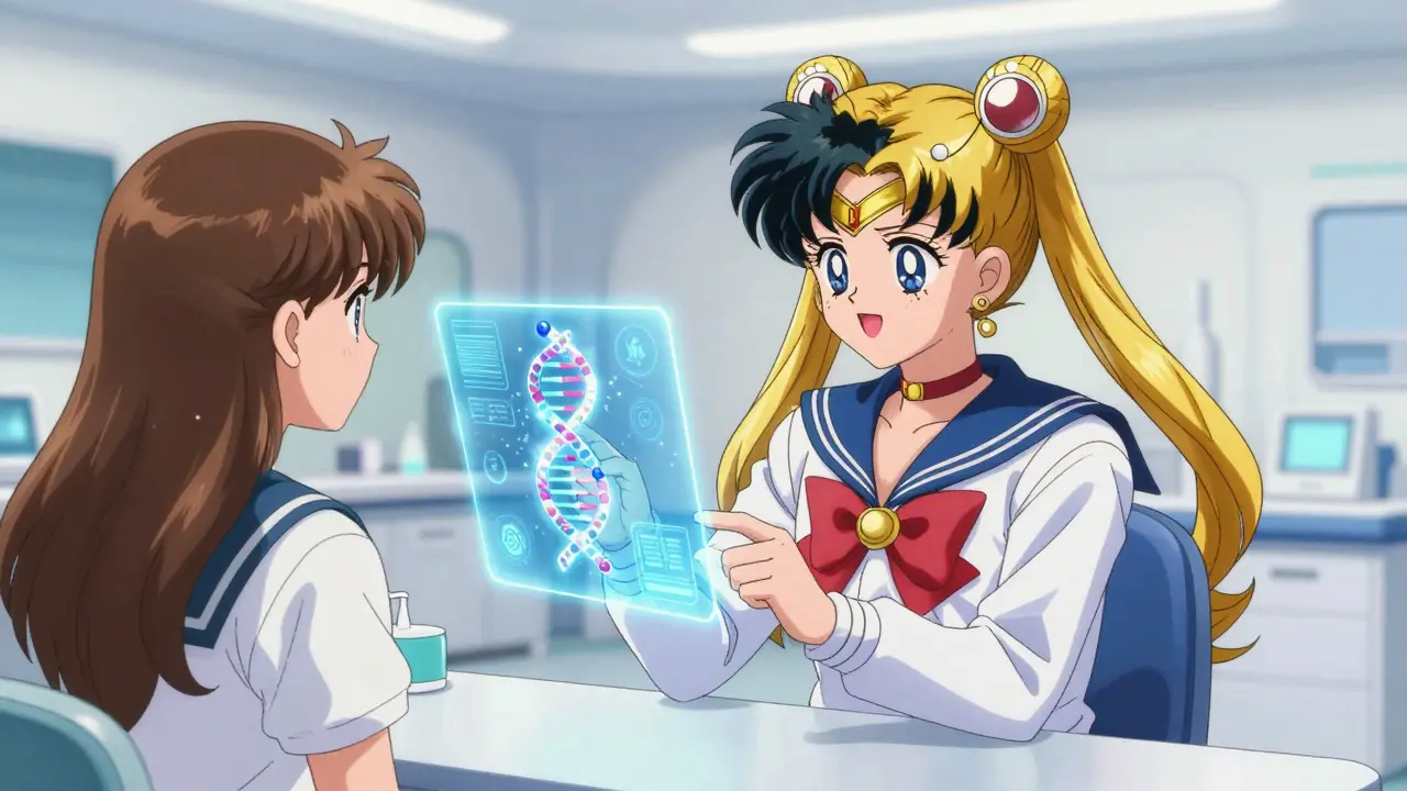 Anime style doctor showing a holographic DNA chart to a patient in a futuristic clinic