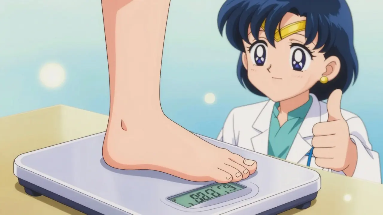 Anime style scene of a person using a scale and a supportive doctor