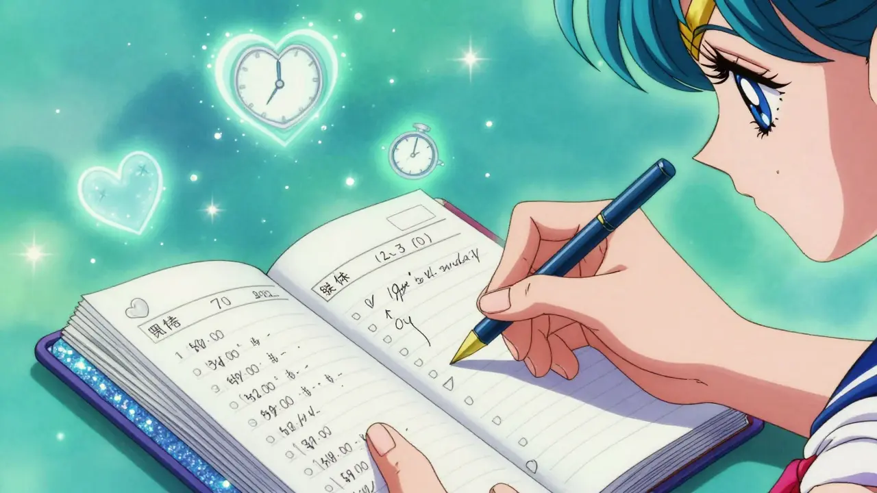 Close-up of a hand writing in a sparkling symptom journal with heart symbols.