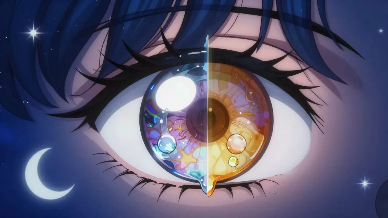 Conceptual anime art of a water droplet and an oil droplet against a starry cosmic background.
