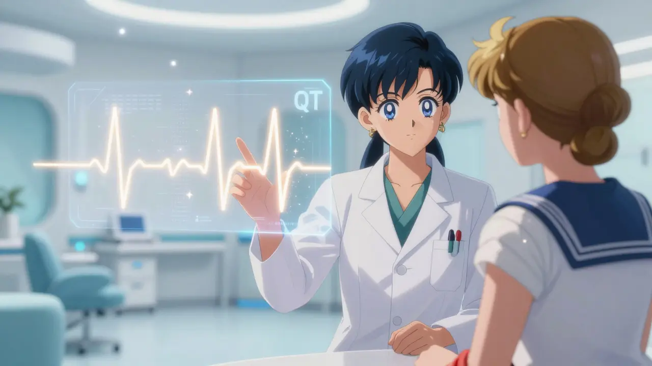 Doctor showing a glowing, magical ECG heart rhythm line to a patient in anime style.