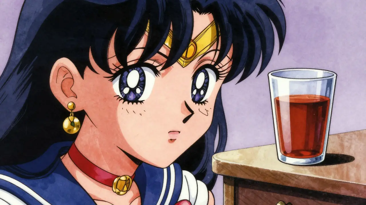 Manga style close-up of yellowing eyes and a glass of dark-colored urine