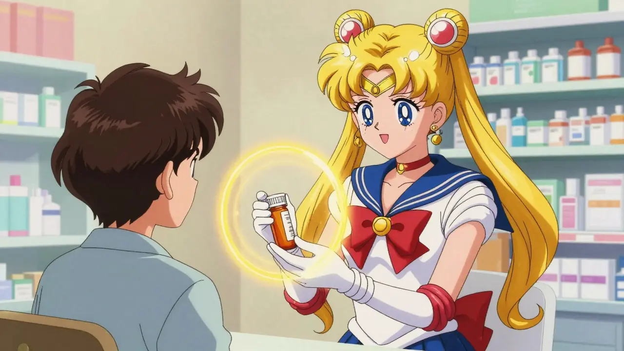 Professional anime pharmacist safely providing medication to a patient.