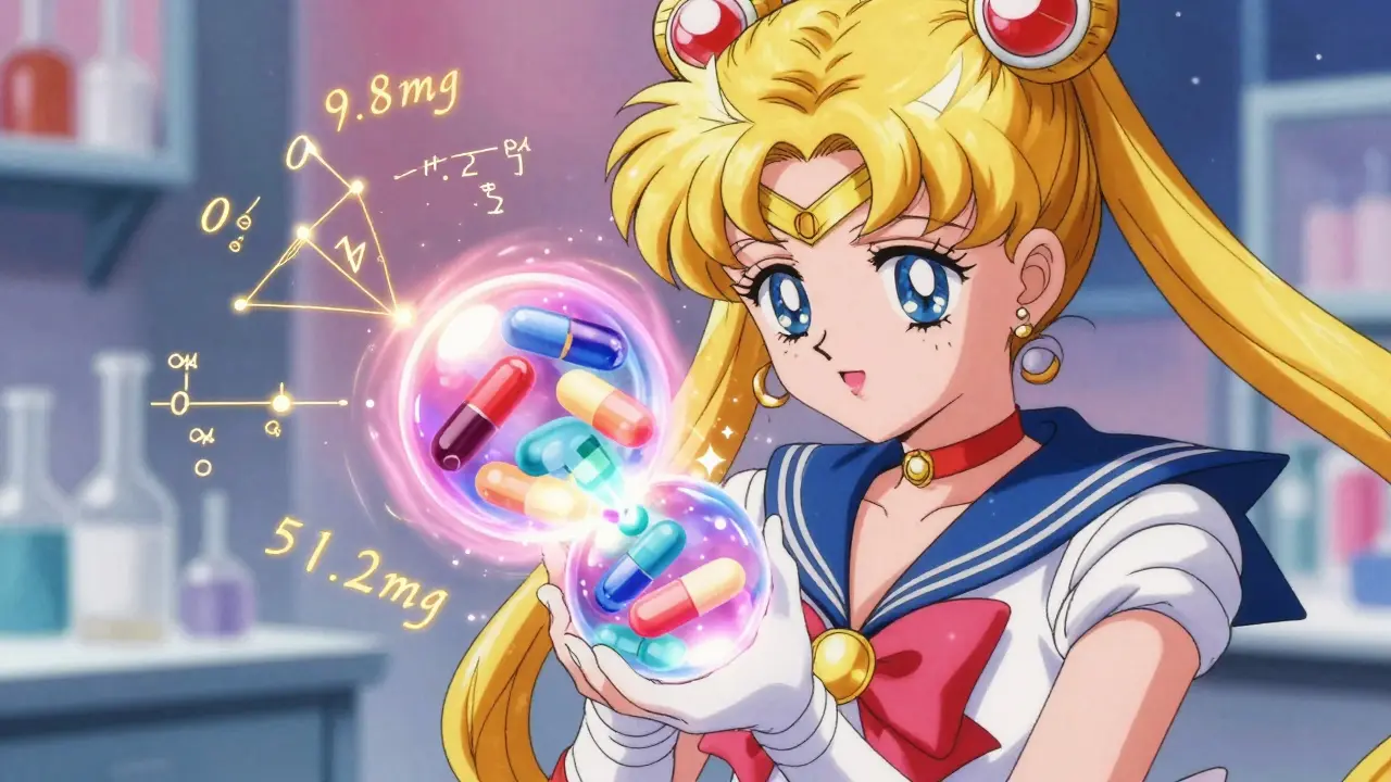 Two glowing spheres merging with sparkling mathematical ratios in a dreamy laboratory.