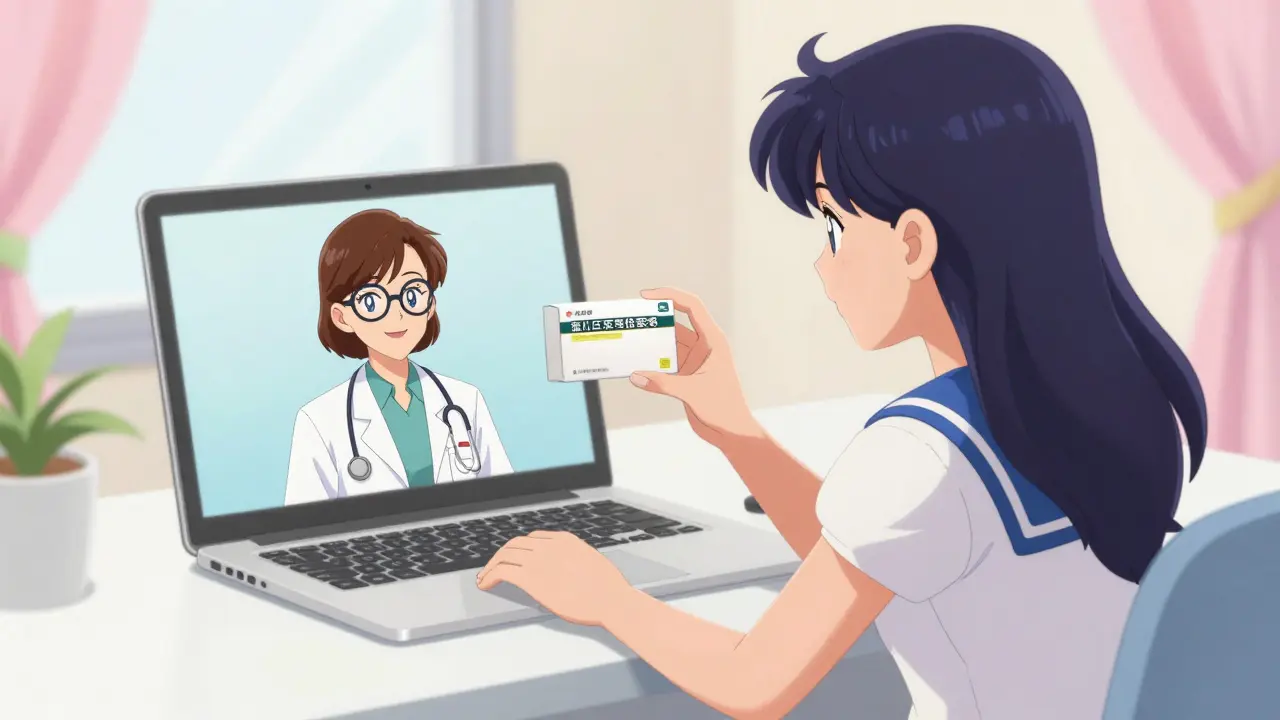 Woman holding a medicine box during a video call in anime style.