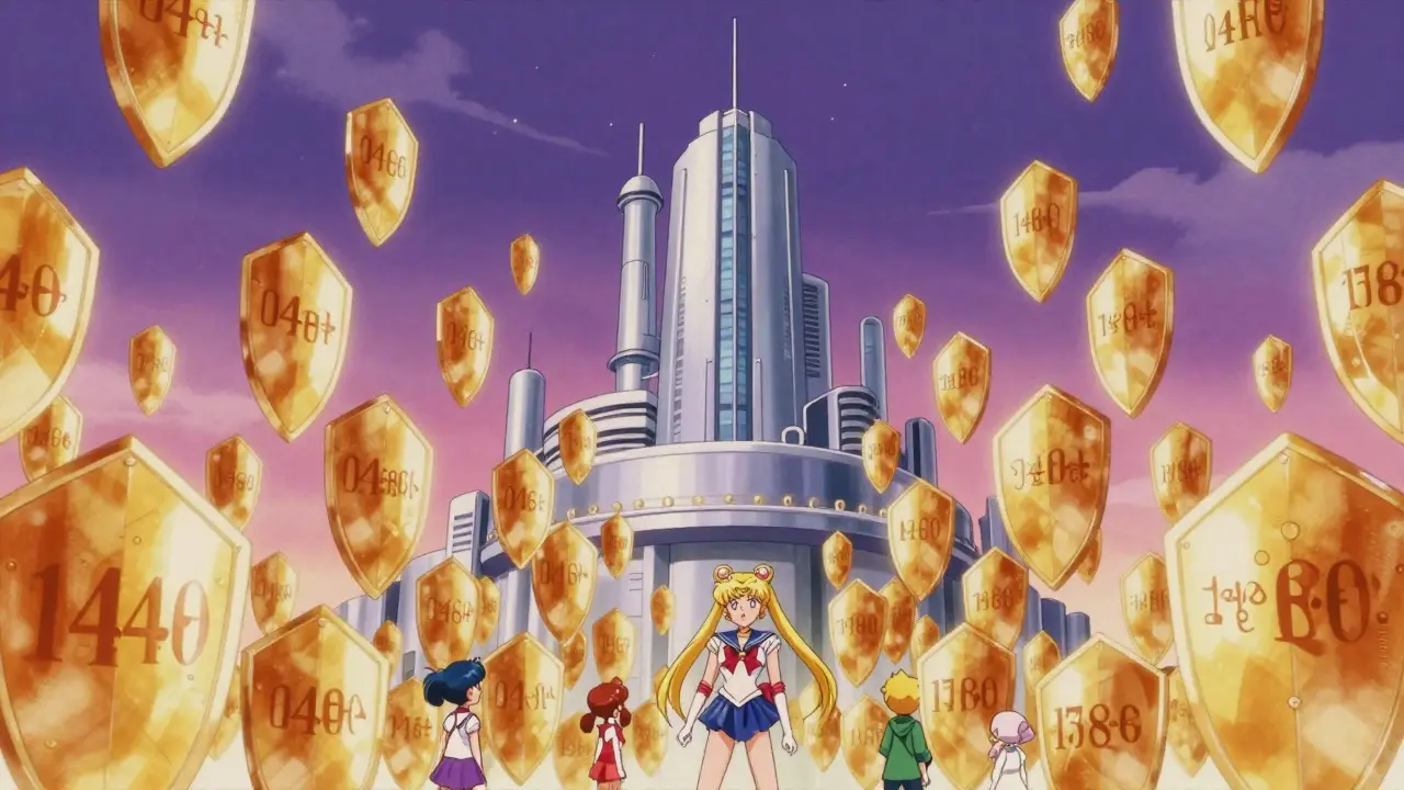 A fortress of golden patent shields surrounding a drug lab in Sailor Moon style.