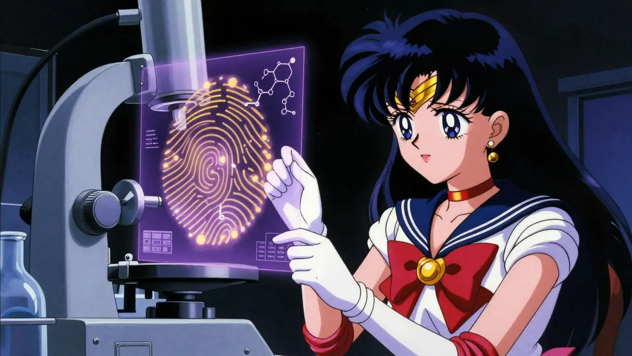 Anime analyst verifying molecular fingerprints in a high-tech lab.