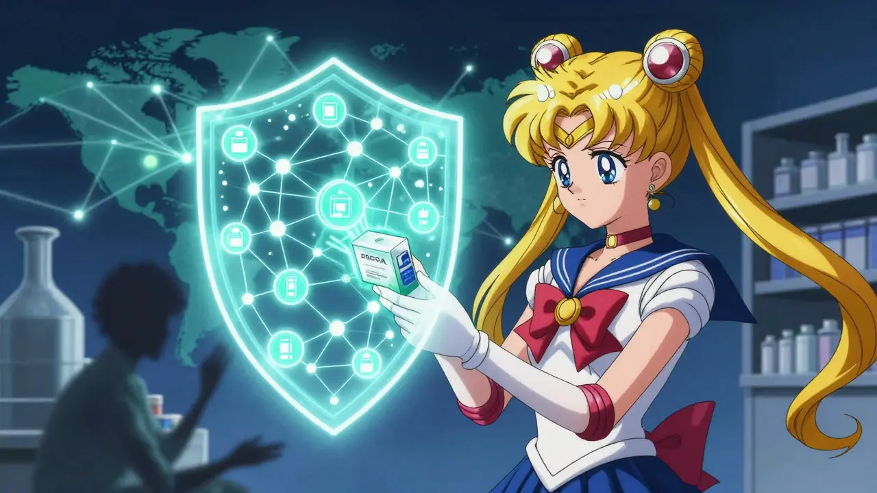 Anime character scanning medicine box with a digital security shield.