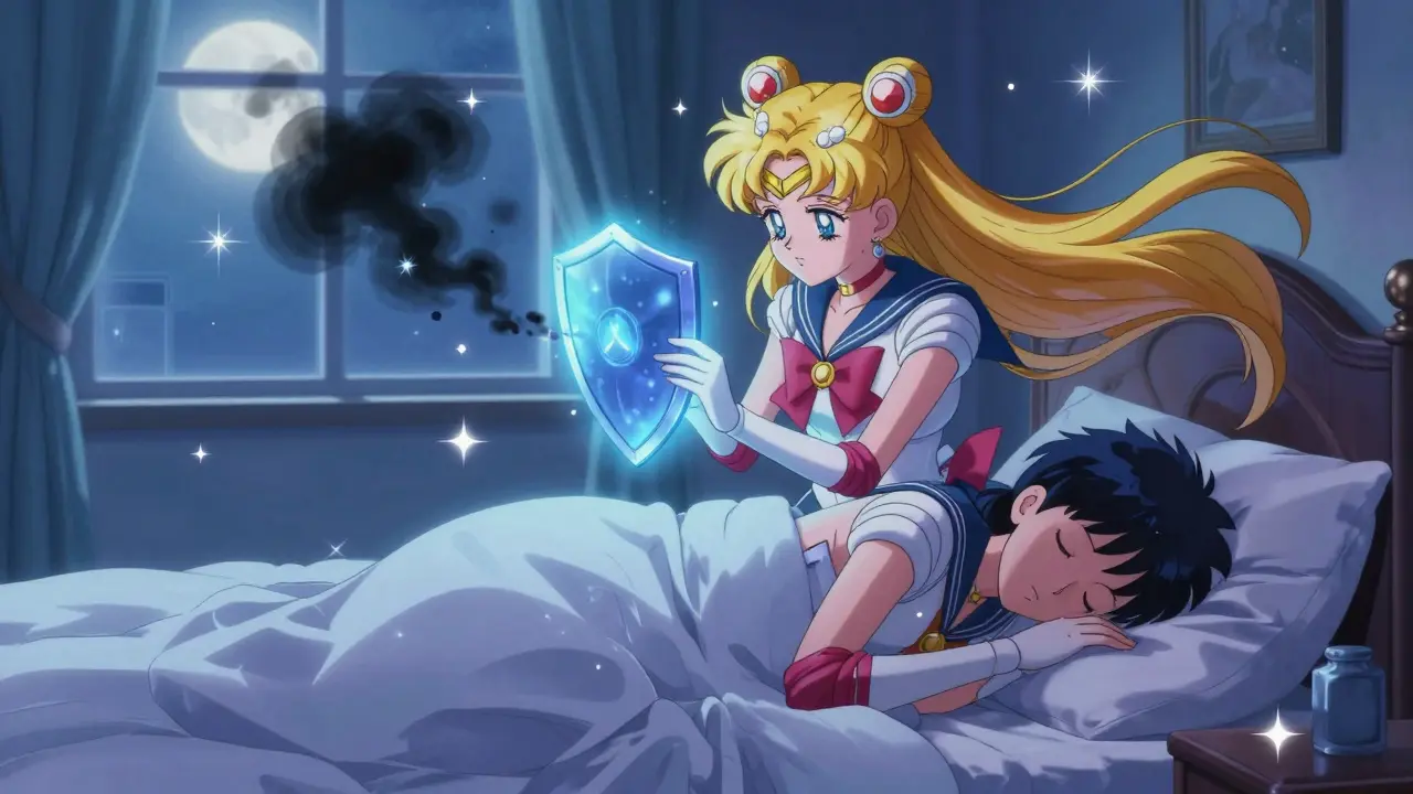 Anime guardian protecting sleeping person from anxiety shadows