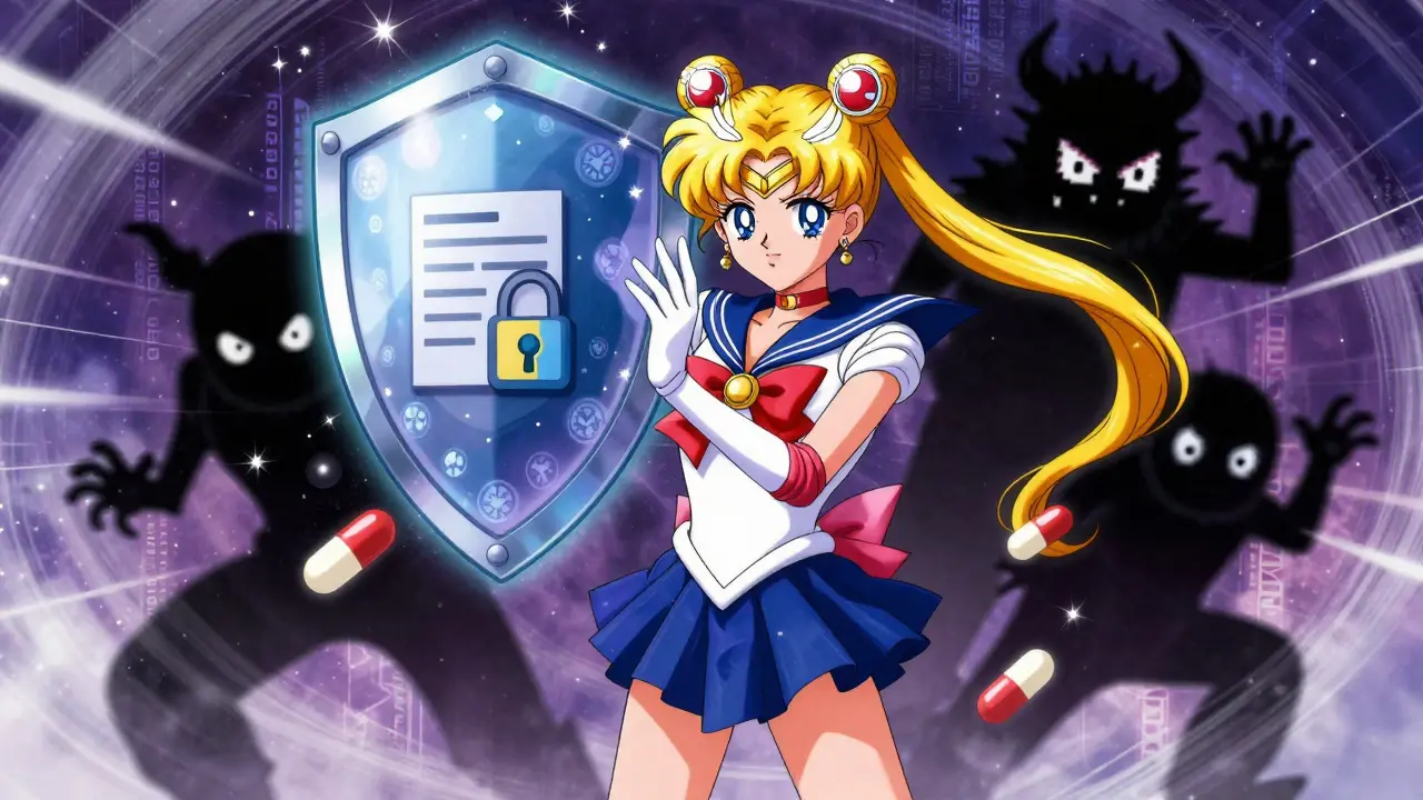 Anime hero blocking scam pharmacies with a safety verification shield