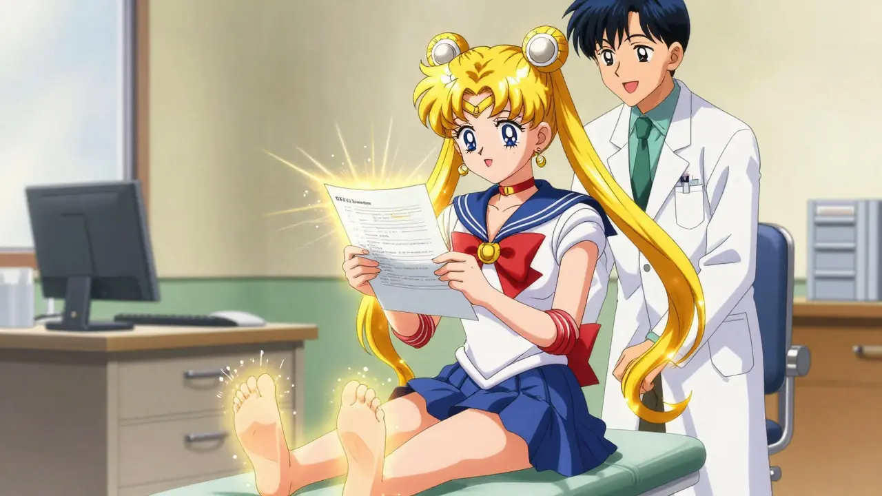 Anime patient feeling relief as golden light heals her hands and feet
